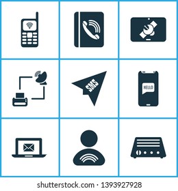 Telecommunication icons set with user relationship, contact, radio and other address copybook elements. Isolated vector illustration telecommunication icons.
