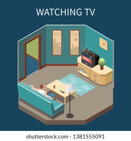 Telecommunication isometric composition with man watching news at home 3d vector illustration