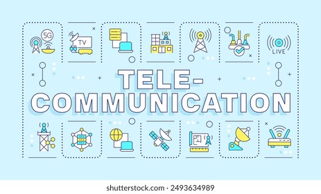 Telecommunication light blue word concept. Signal transmission. Radio and internet. Typography banner. Vector illustration with title text, editable icons color