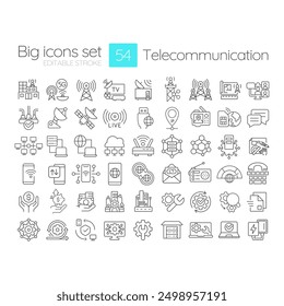 Telecommunication linear icons set. Wired and wireless networks. Satellite communication. Broadband services. Customizable thin line symbols. Isolated vector outline illustrations. Editable stroke