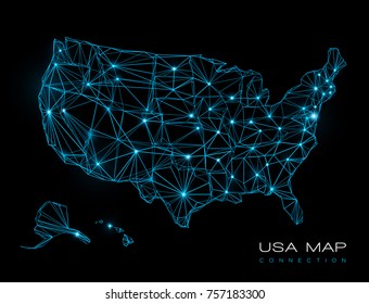 Telecommunication map of USA - abstract technology background - vector illustration - glowing blue lines on a dark background - futuristic USA map technology background