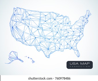 Telecommunication map of USA - abstract technology background - vector illustration - blue lines silhouette of USA map with all states isolated on white background. USA business presentation design