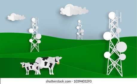 telecommunication mast television antennas and cow in paper cut style on green mountain