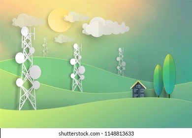 telecommunication mast television antennas in paper cut vintage pastel style on mountain