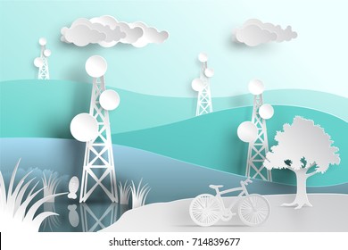 telecommunication mast television antennas in paper cut style on mountain