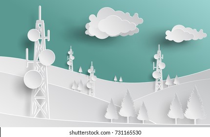 telecommunication mast television antennas in paper cut style on mountain
