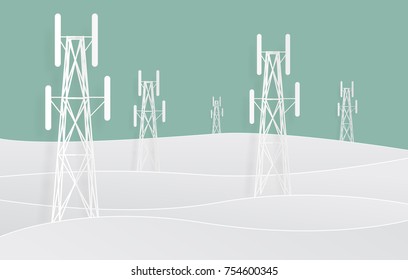 antenas de televisión de mast de telecomunicaciones en estilo cortado de papel en montaña