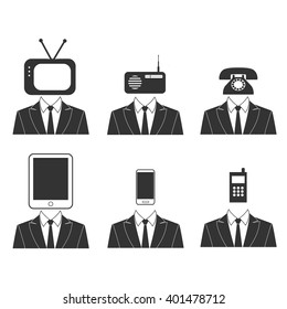 Telecommunication and media flat simple icon set. Symbols for technology, social media, internet, tablet, phone, radio, communication. Black symbols. Vector illustration