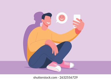 telecommunication mobile concept, smiling man sit and chat , using smart phone, social network connection, mix feeling of happy lonely depression, cartoon vector