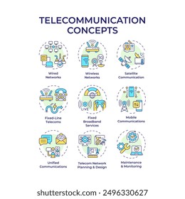 Telecommunication multi color concept icons. Wired and wireless networks. Telecom tower. Signal transmit. Internet access. Icon pack. Vector images. Round shape illustrations. Abstract idea