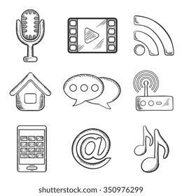 Telecommunication and multimedia  icons with microphone, wi-fi, web, film, video, tablet, network and music notes. Sketch style