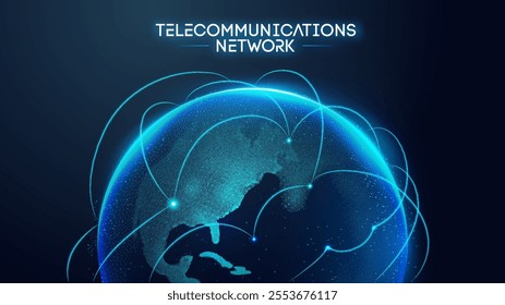 Telecommunication Network global world globe map connect background. Earth abstract line tech data. Digital communication 3d business technology vector illustration. Planet space internet concept.