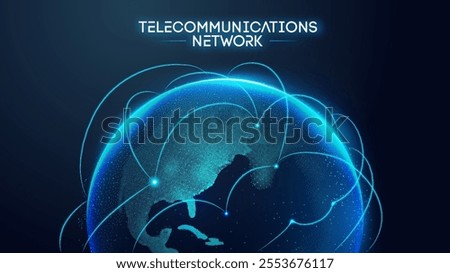 Telecommunication Network global world globe map connect background. Earth abstract line tech data. Digital communication 3d business technology vector illustration. Planet space internet concept.