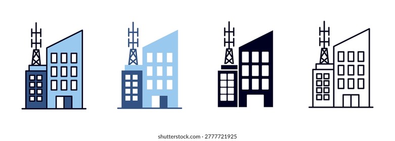 Telecommunication Office Building and Satellite Tower Station Icons Set for Connectivity