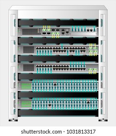 Telecommunication rack with different switches and router. The equipment is connected by means of Ethernet and optical cables. Vector illustration.
