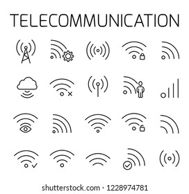 Telecommunication related vector icon set. Well-crafted sign in thin line style with editable stroke. Vector symbols isolated on a white background. Simple pictograms.