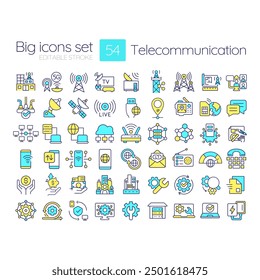 Telecommunication RGB color icons set. Wired and wireless networks. Satellite communication. Broadband services. Isolated vector illustrations. Simple filled line drawings collection. Editable stroke