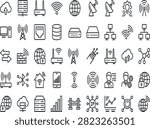 Telecommunication, satellite network, server infrastructure, and IT line icons set.
