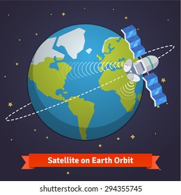 Telecommunication Satellite On The Earth Geostationary Orbit In Near Space. Flat Style Vector Cartoon Illustration.