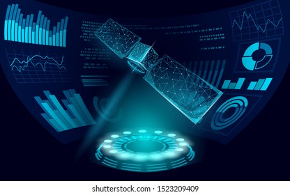 Telecommunication satellite receiver antenna. Orbital sputnik military security data transmitter internet connection. Worldwide protection tracking information background vector illustration