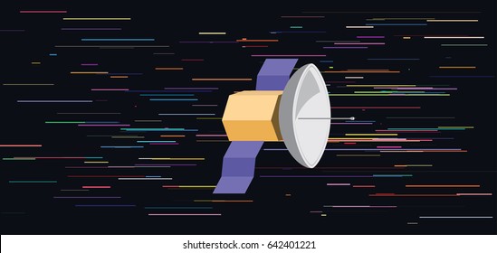 Telecommunication satellite in Space. Interplanetary automatic station high speed flight. Space Probe mission with bright stars trails on dark background. Vector illustration