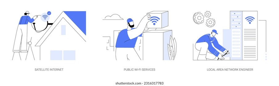 Telecommunication service abstract concept vector illustration set. Technician installs satellite internet antenna, public WI-FI hotspot, local area network engineer, LAN connection abstract metaphor.