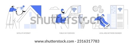 Telecommunication service abstract concept vector illustration set. Technician installs satellite internet antenna, public WI-FI hotspot, local area network engineer, LAN connection abstract metaphor.