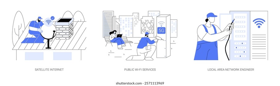 Telecommunication service isolated cartoon vector illustrations set. Technician installs satellite internet antenna, public WI-FI hotspot, local area network engineer, LAN connection vector cartoon.