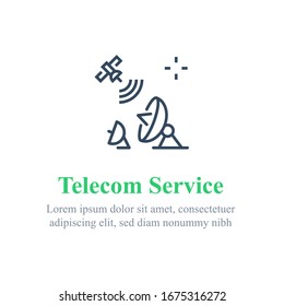 Servicios de telecomunicaciones, Internet por satélite, tecnología inalámbrica, conexión móvil, transmisión rápida de datos, icono de línea vectorial