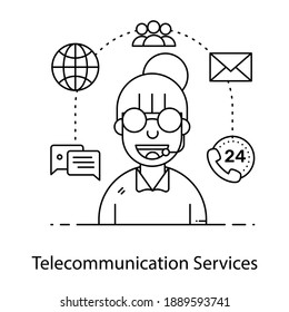 Servicios de telecomunicaciones estilo vector, uso femenino de auriculares 