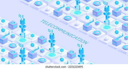 Telecommunication signal transmitter tower. Future innovative wireless fast network technology concept. Isometric illustration vector design.