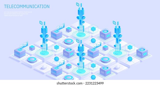 Telecommunication signal transmitter tower. Future innovative wireless fast network technology concept. Isometric illustration vector design.