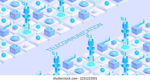 Telecommunication signal transmitter tower. Future innovative wireless fast network technology concept. Isometric illustration vector design.