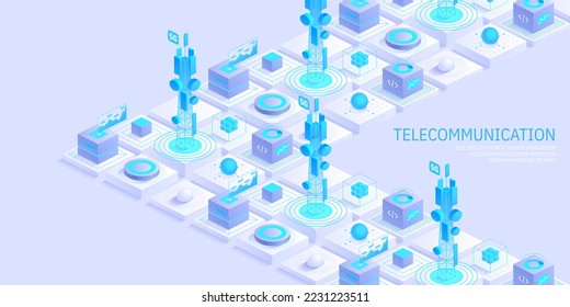 Telecommunication signal transmitter tower. Future innovative wireless fast network technology concept. Isometric illustration vector design.
