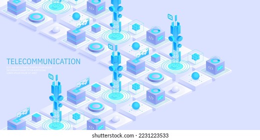 Telecommunication signal transmitter tower. Future innovative wireless fast network technology concept. Isometric illustration vector design.