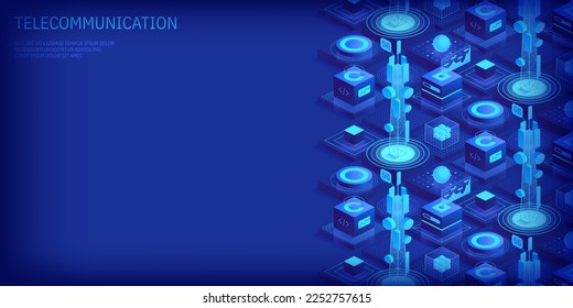 Telecommunication signal transmitter tower. Future innovative wireless fast network technology concept. Isometric illustration vector design.