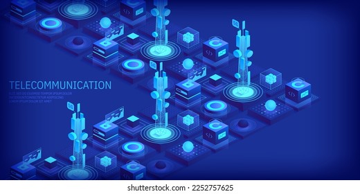 Telecommunication signal transmitter tower. Future innovative wireless fast network technology concept. Isometric illustration vector design.