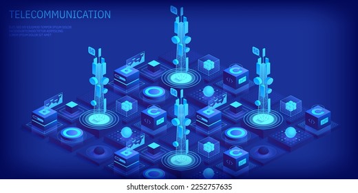 Telecommunication signal transmitter tower. Future innovative wireless fast network technology concept. Isometric illustration vector design.