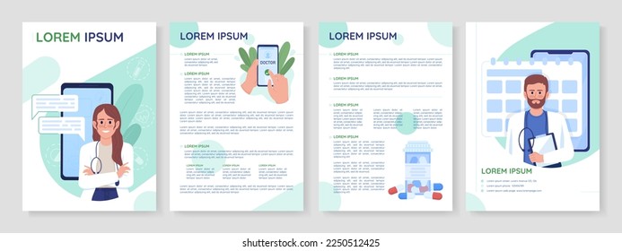 Telecommunication technologies in medicine flat vector brochure template. Booklet, leaflet printable flat color designs. Editable magazine page, reports kit with text space. Quicksand font used