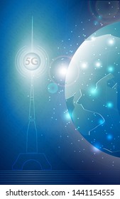 Telecommunication technology concept. 5G signal. Futuristic illustration of the Earth surrounded by technologies of the future.Vertical.