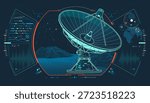 telecommunication technology, graphic of lined satellite dish with dotted wavelength and system interface