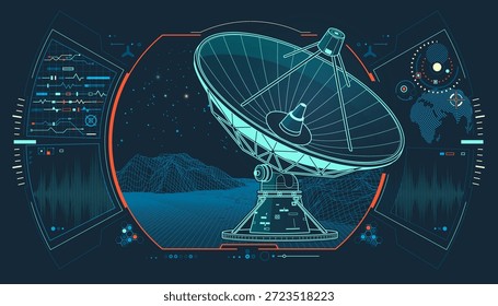 Fernmeldetechnik, grafische Darstellung einer ausgekleideten Satellitenschüssel mit gepunkteter Wellenlänge und Systemschnittstelle