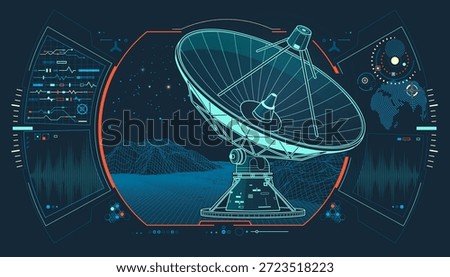 telecommunication technology, graphic of lined satellite dish with dotted wavelength and system interface