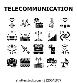 Die Symbole der Telekommunikationstechnologie setzen Vektorgrafik. Fernmeldeturm und -antenne, analoge Übertragungs- und Verbindungsgeräte, Internet-Netzwerk für die Übertragung von Piktogrammen, Schwarze Illustrationen