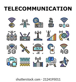 Telecommunication Technology Icons Set Vector. Telecommunication Tower And Antenna, Analog Transmitter And Connection Devices, Internet Network For Broadcasting Line. Color Illustrations