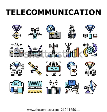 Telecommunication Technology Icons Set Vector. Telecommunication Tower And Antenna, Analog Transmitter And Connection Devices, Internet Network For Broadcasting Line. Color Illustrations
