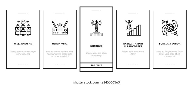 Telecommunication Technology Onboarding Mobile App Page Screen Vector. Telecommunication Tower And Antenna, Analog Transmitter And Connection Devices, Internet Network For Broadcasting. Illustrations