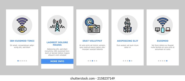 Telecommunication Technology Onboarding Mobile App Page Screen Vector. Telecommunication Tower And Antenna, Analog Transmitter And Connection Devices, Internet Network For Broadcasting. Illustrations