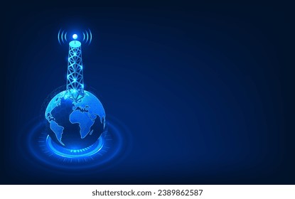 Telecommunication technology, Signal tower set on the globe with technology circles It represents the development of advanced communications networks to distribute signals throughout the world.