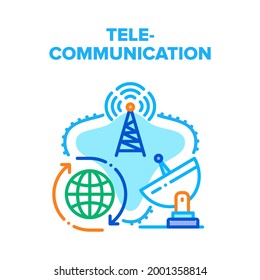 Telecommunication Technology Vector Icon Concept. Radio Tower And Satellite Antenna Telecommunication Technology For Global Connection And Broadcasting. Wireless Connect Color Illustration